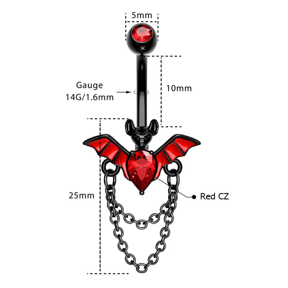 14G Red CZ Black Bat Chain Belly Button Ring
