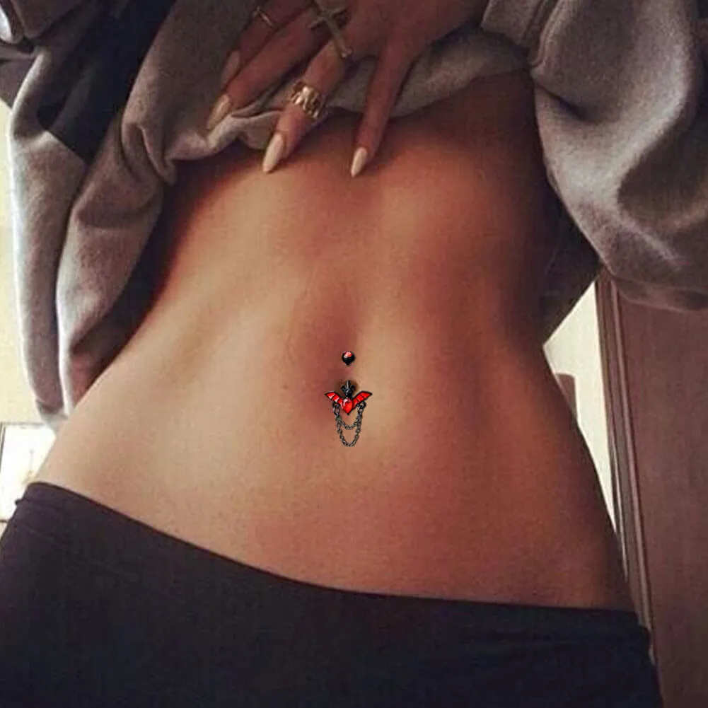 14G Red CZ Black Bat Chain Belly Button Ring