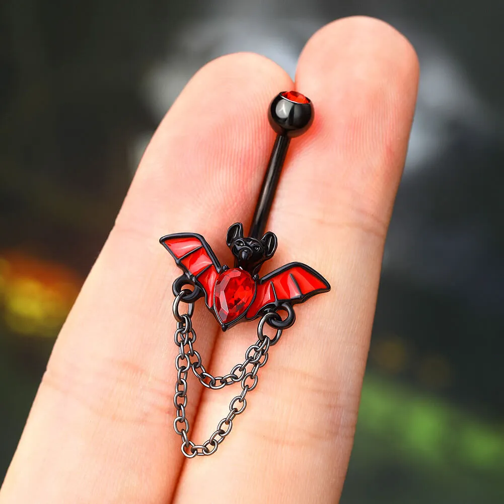 14G Red CZ Black Bat Chain Belly Button Ring