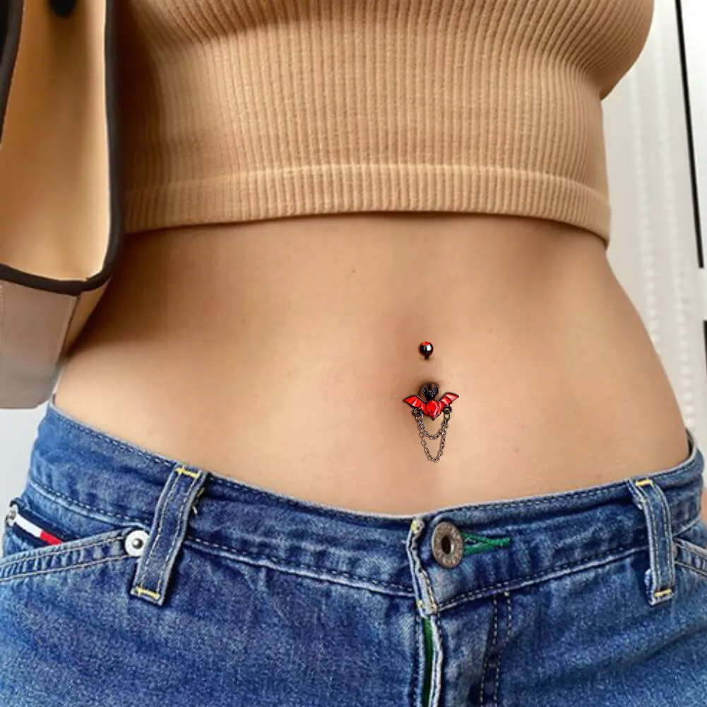 14G Red CZ Black Bat Chain Belly Button Ring
