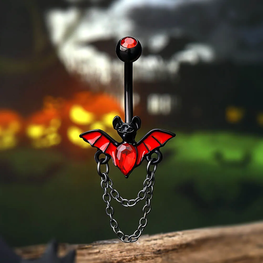 14G Red CZ Black Bat Chain Belly Button Ring