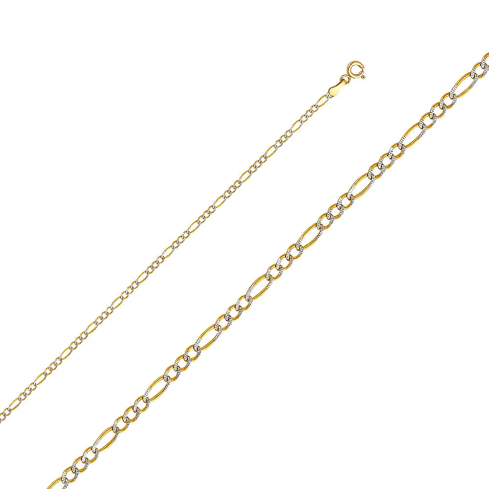 14K Gold 2.1mm Figaro 3 1 White Pave Chain