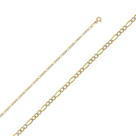 14K Gold 2.1mm Figaro 3 1 White Pave Chain