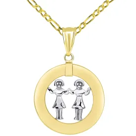 14k Gold Open Circle Gemini Zodiac Sign Pendant Figaro Necklace - Two-Tone Gold