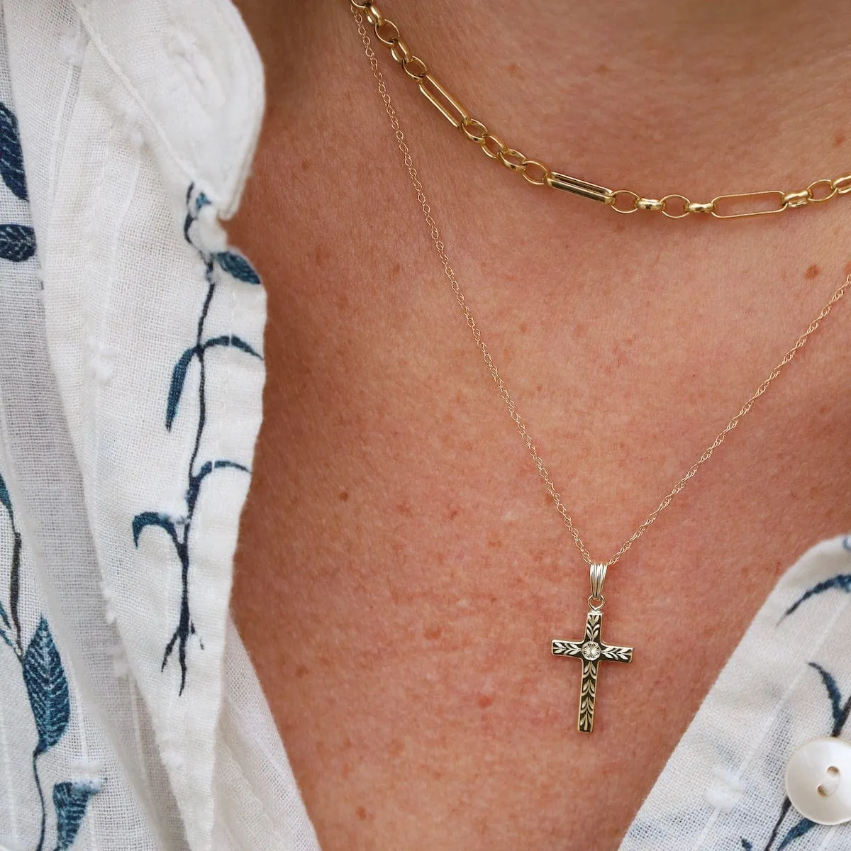 14k Small Fancy English Cross Necklace