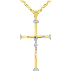 14k Solid Two-Tone Gold 3D Catholic Christian Crucifix Cross Pendant with Cuban Chain Curb Necklace
