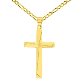 14K Solid Yellow Gold Elegant Religious Plain Cross Pendant with Figaro Chain Necklace