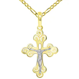 14k Two-Tone Gold Open Filigree Orthodox Cross Christian Crucifix Pendant with Figaro Necklace