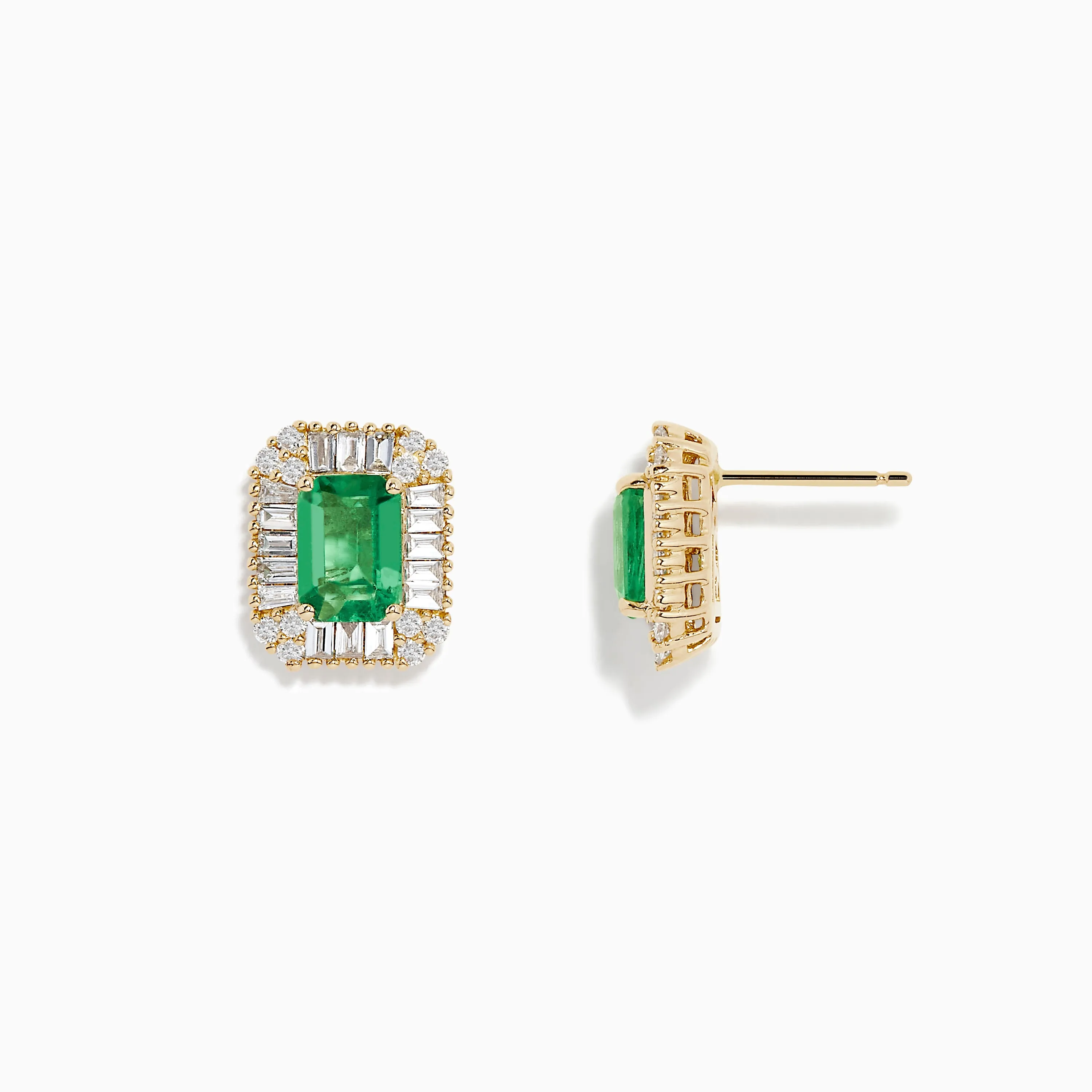 14K Yellow Gold Baguette Diamond Halo Emerald Stud Earrings