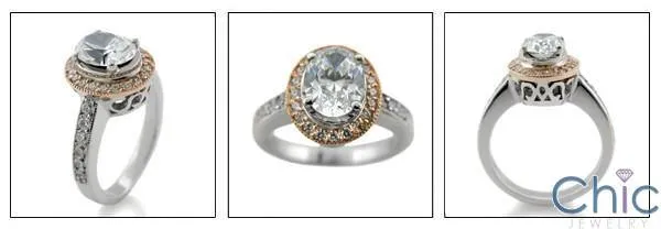 1.5 Oval Center  Cubic Zirconia Two tone 14k Rose Gold Halo With Pave Cz Engagement Ring