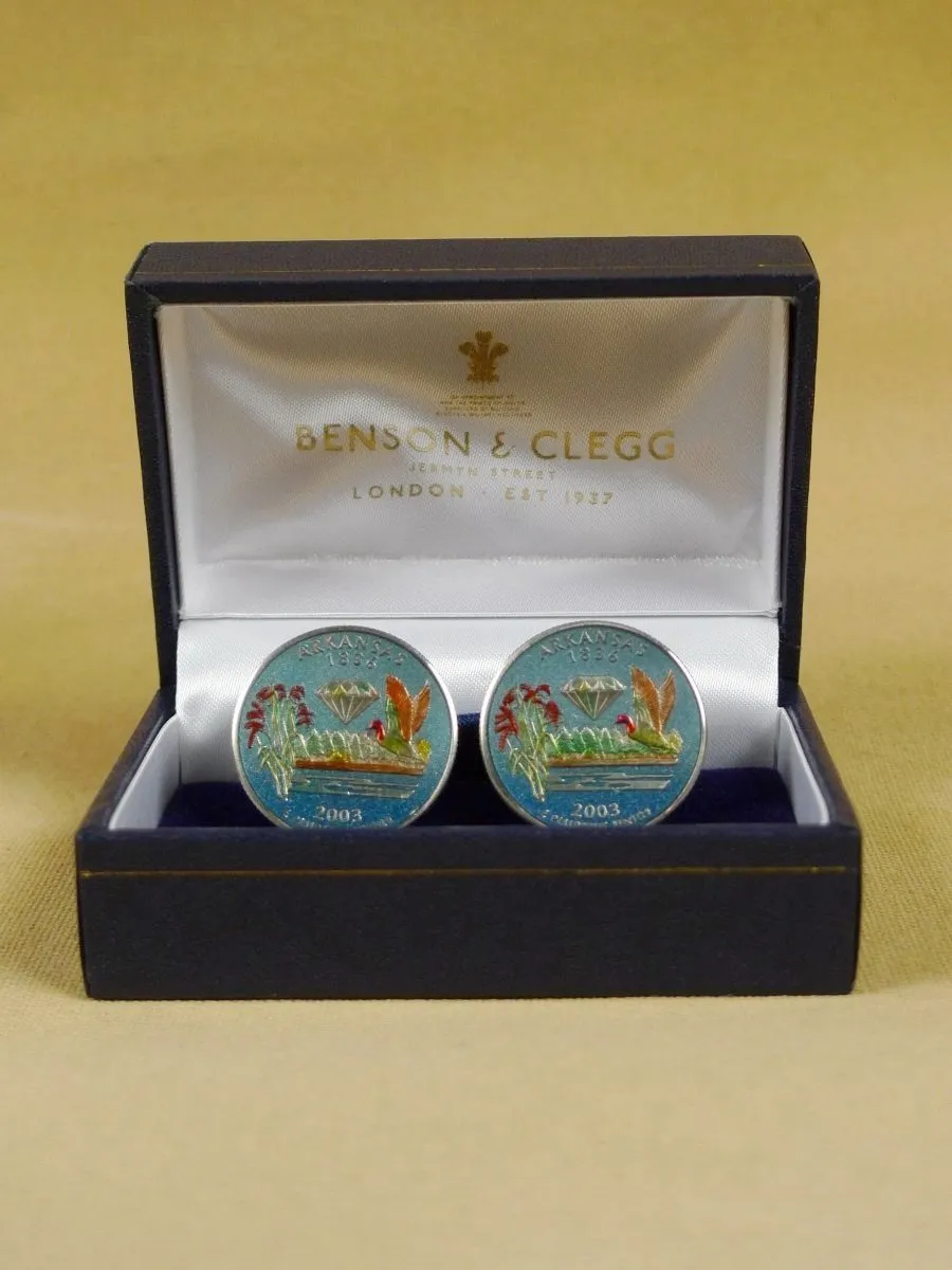 18/1129 brand new benson and clegg usa state quarter arkansas coin cufflinks rrp £100 (cc2055)