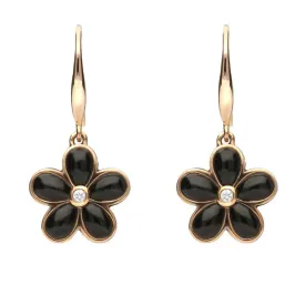 18ct Rose Gold Whitby Jet Diamond Flower Drop Earrings