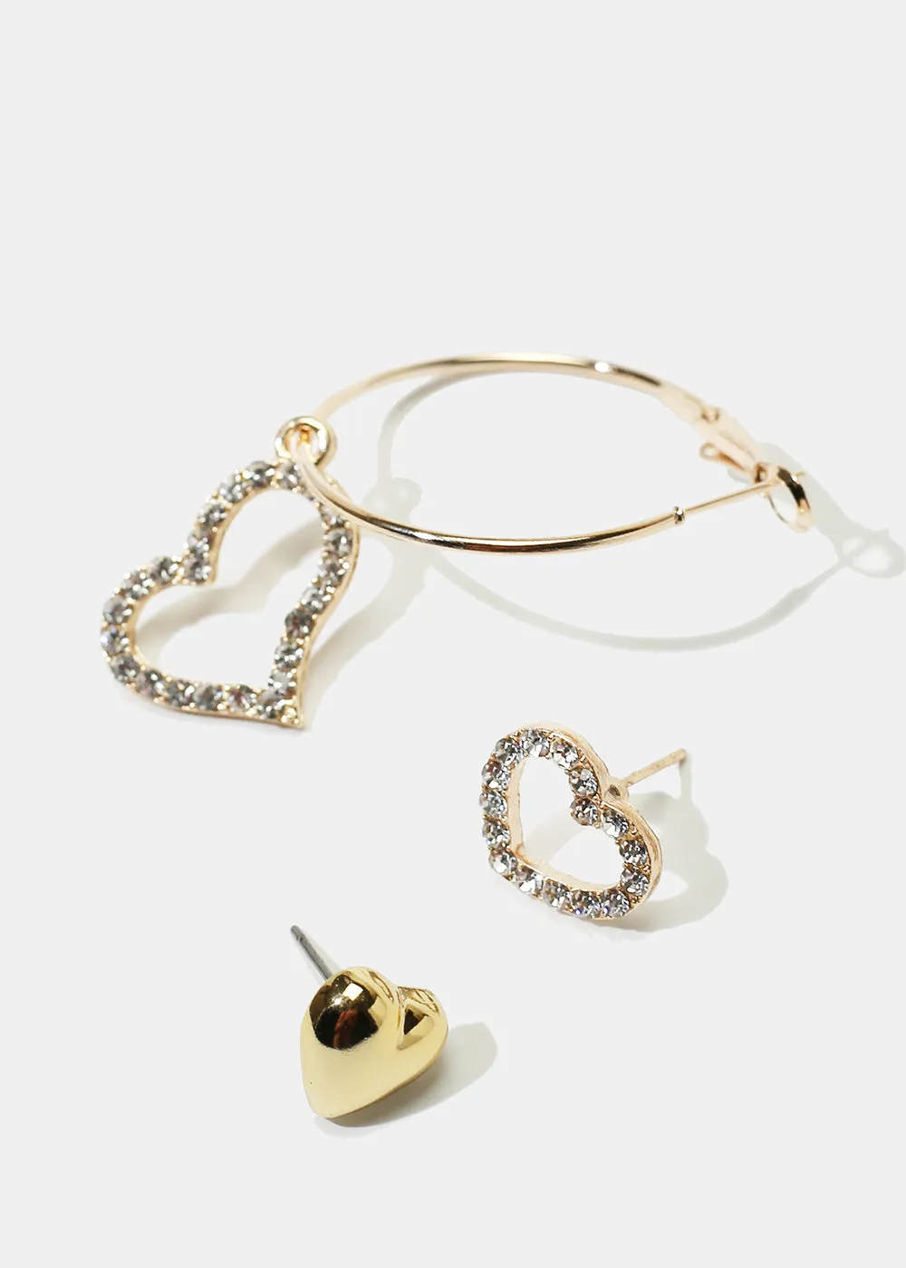 3-Pair Heart Stud & Hoop Earrings