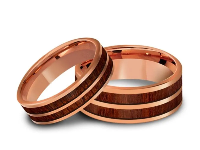 6MM/8MM HAWAIIAN KOA WOOD Tungsten Wedding Band Set FLAT AND ROSE GOLD INTERIOR