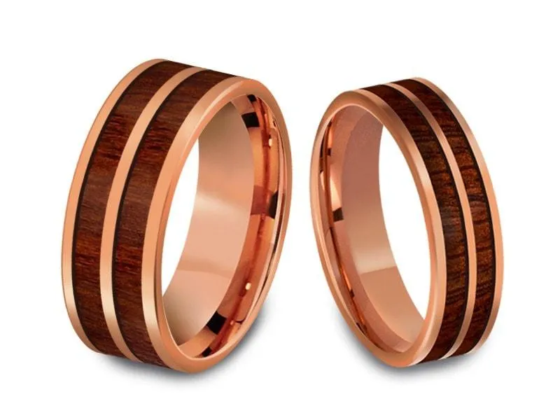 6MM/8MM HAWAIIAN KOA WOOD Tungsten Wedding Band Set FLAT AND ROSE GOLD INTERIOR