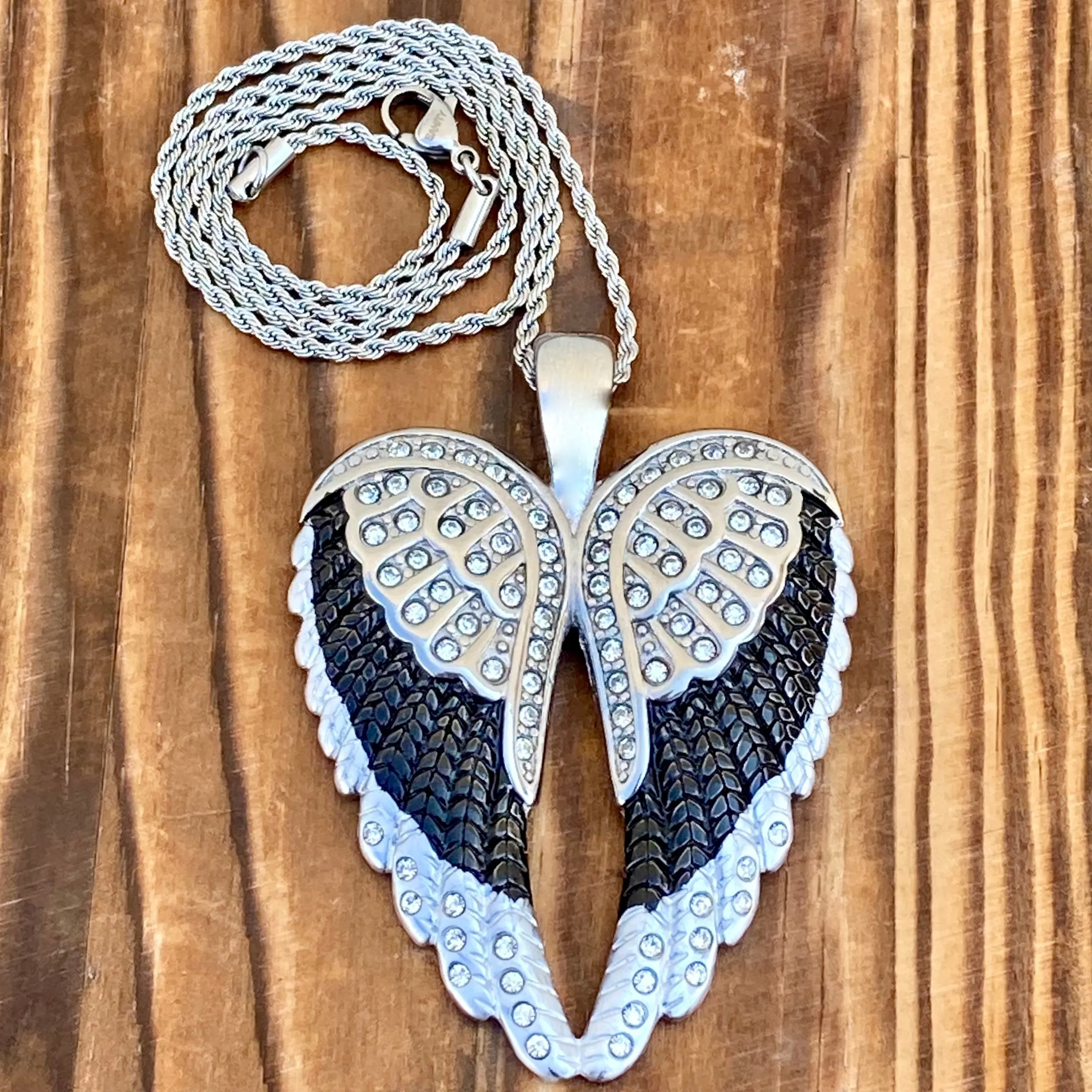 Angel Heart Wings Pendant - Black W/White Stones Wings - Classic - Rope Necklace or Omega - LAP39