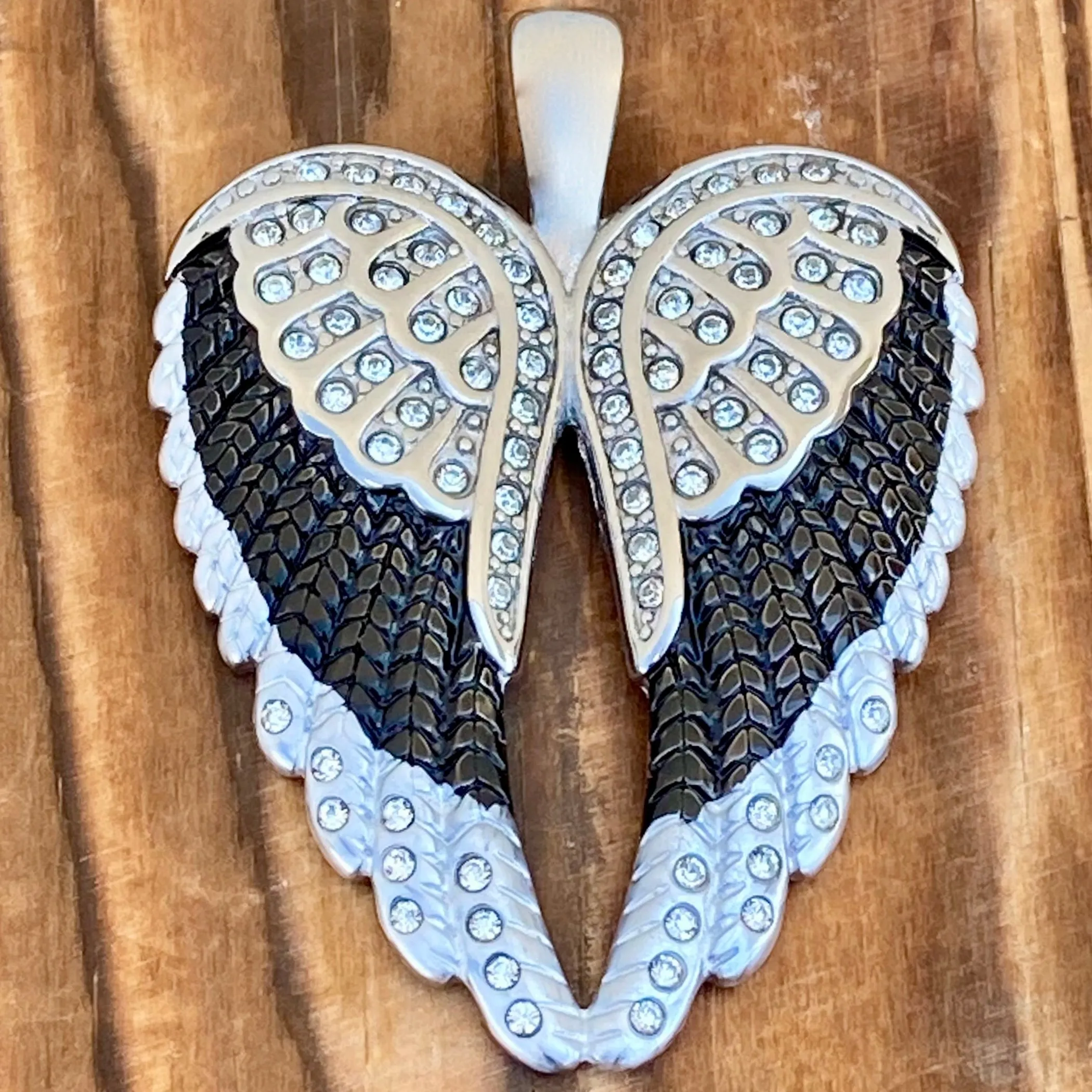 Angel Heart Wings Pendant - Black W/White Stones Wings - Classic - Rope Necklace or Omega - LAP39