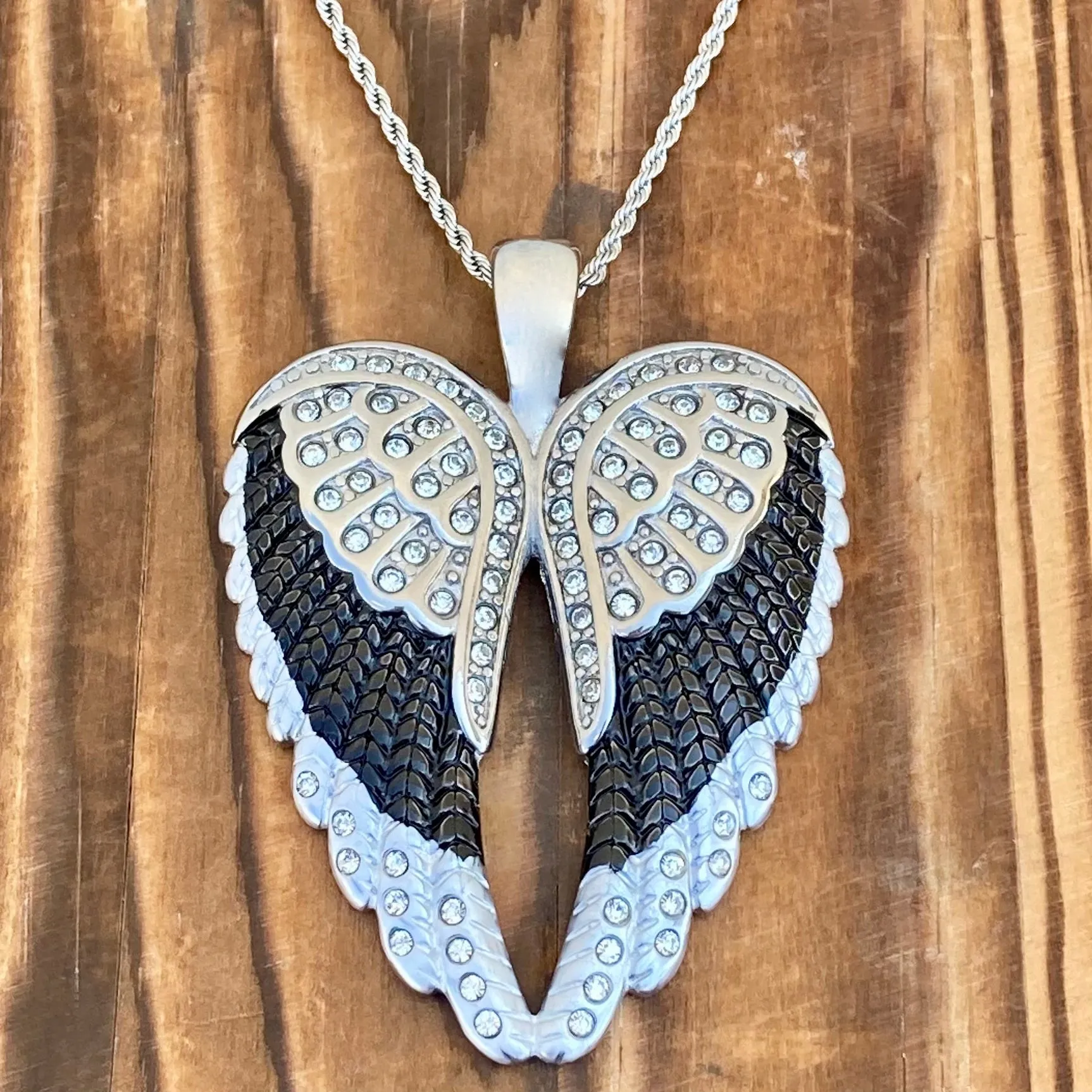 Angel Heart Wings Pendant - Black W/White Stones Wings - Classic - Rope Necklace or Omega - LAP39