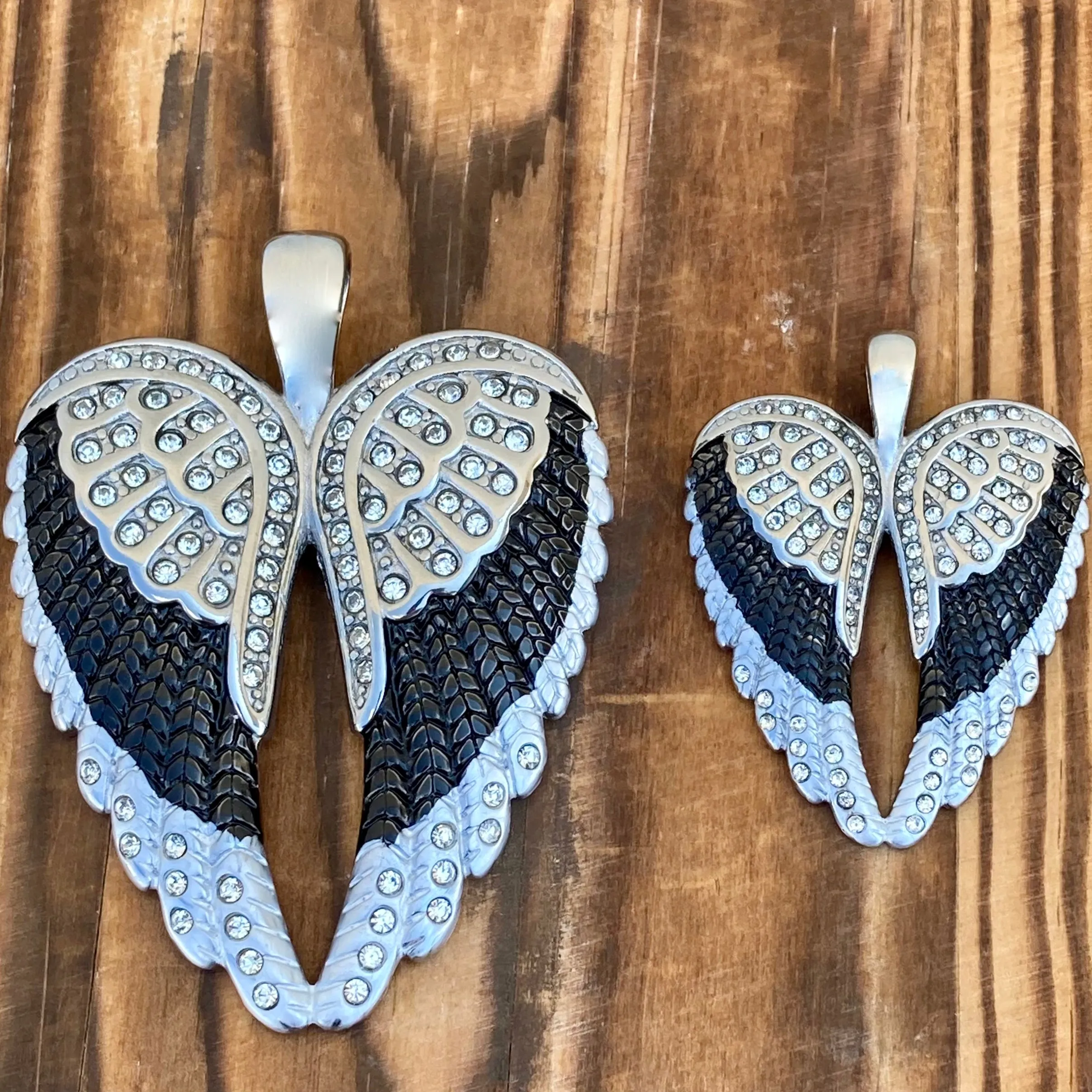 Angel Heart Wings Pendant - Black W/White Stones Wings - Classic - Rope Necklace or Omega - LAP39