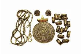 Antique Golden Pendant, Earrings, Chain & Beads