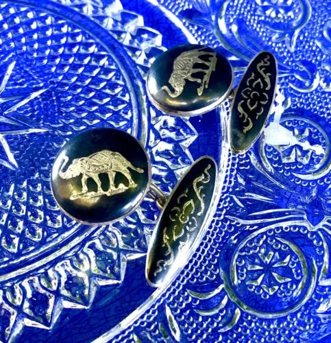 Antique Sterling Silver Niello Elephant Siam Cufflinks