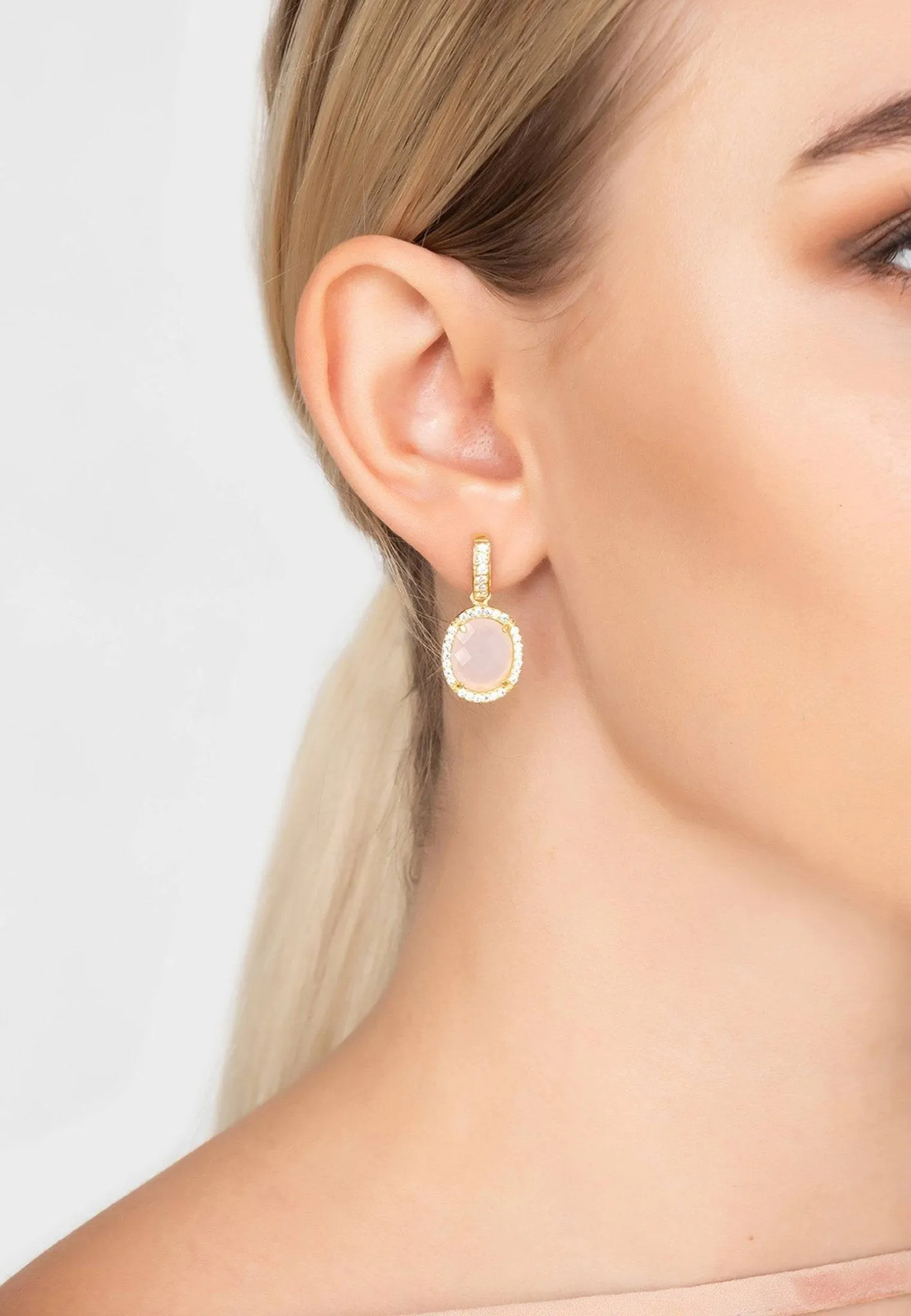 Beatrice Oval Gemstone Drop Earrings Gold Rose Quartz