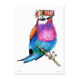 Birds In Hats Print - Lilac Breasted Roller in a Floral Head Crown A4