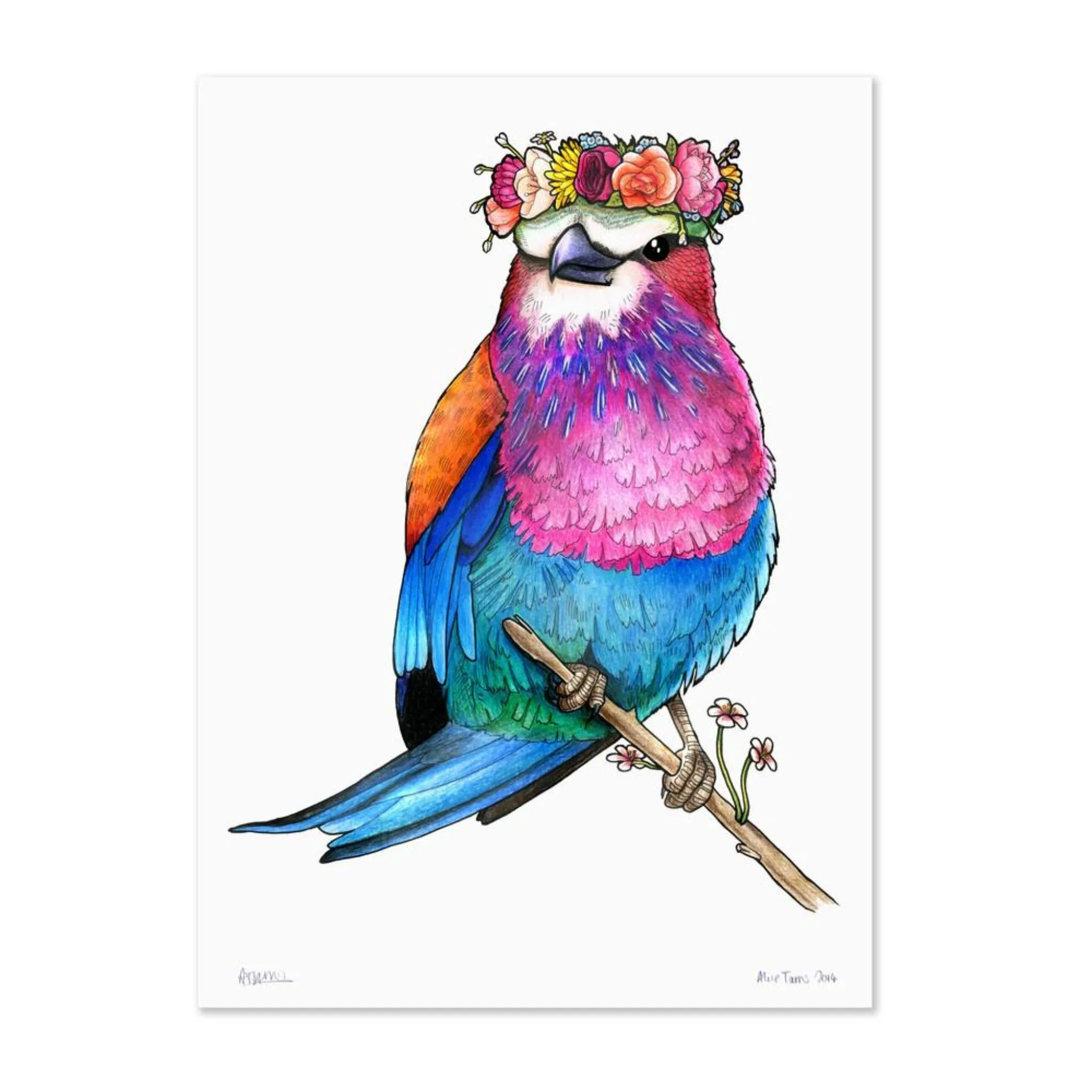 Birds In Hats Print - Lilac Breasted Roller in a Floral Head Crown A4