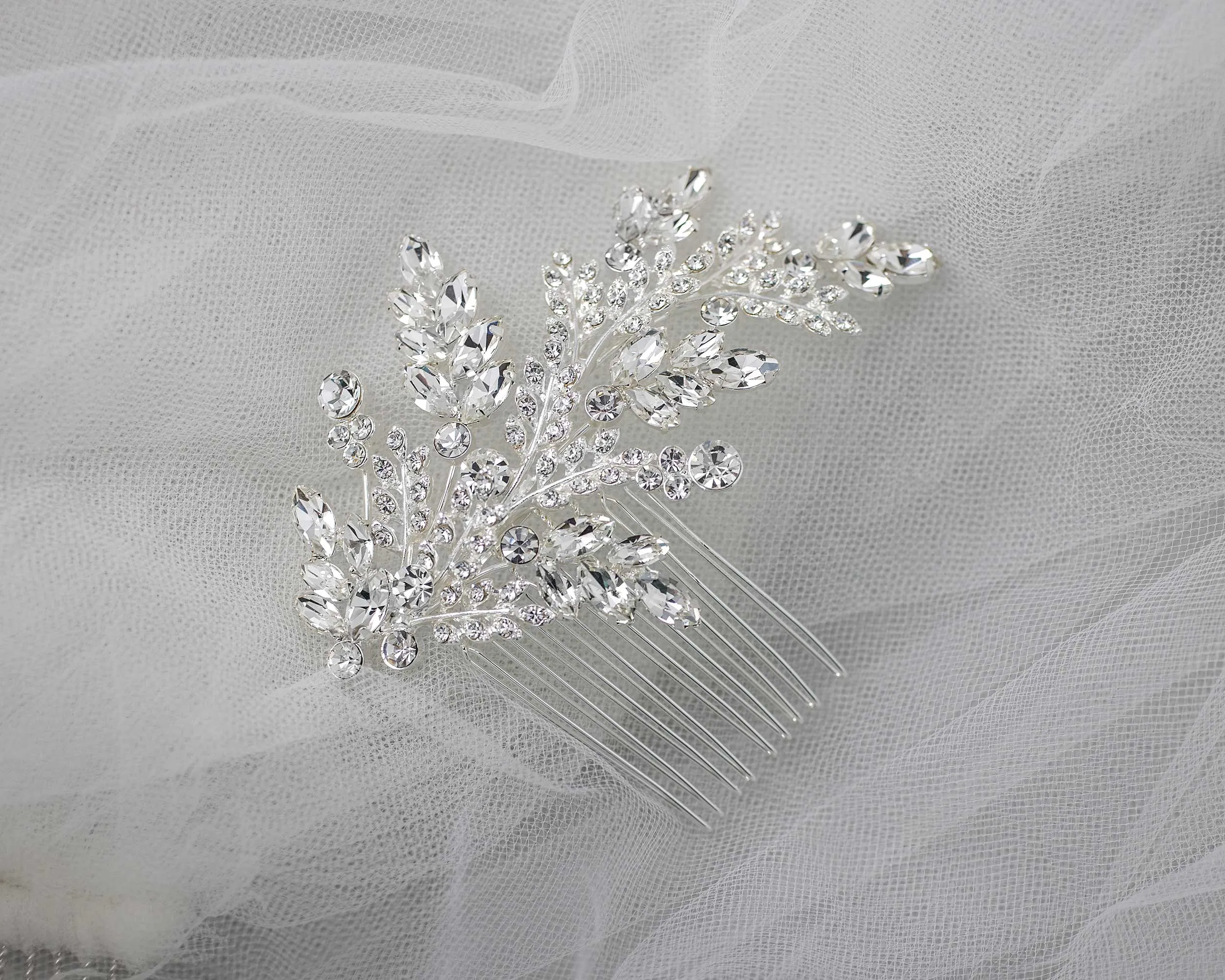 Bridal Comb of Delicate Crystal Fern Fronds