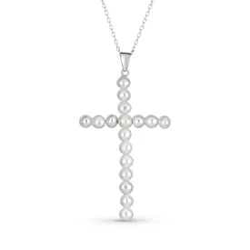 Bridal Religious White Pearl Infinity Cross Necklace Pendant Sterling Silver
