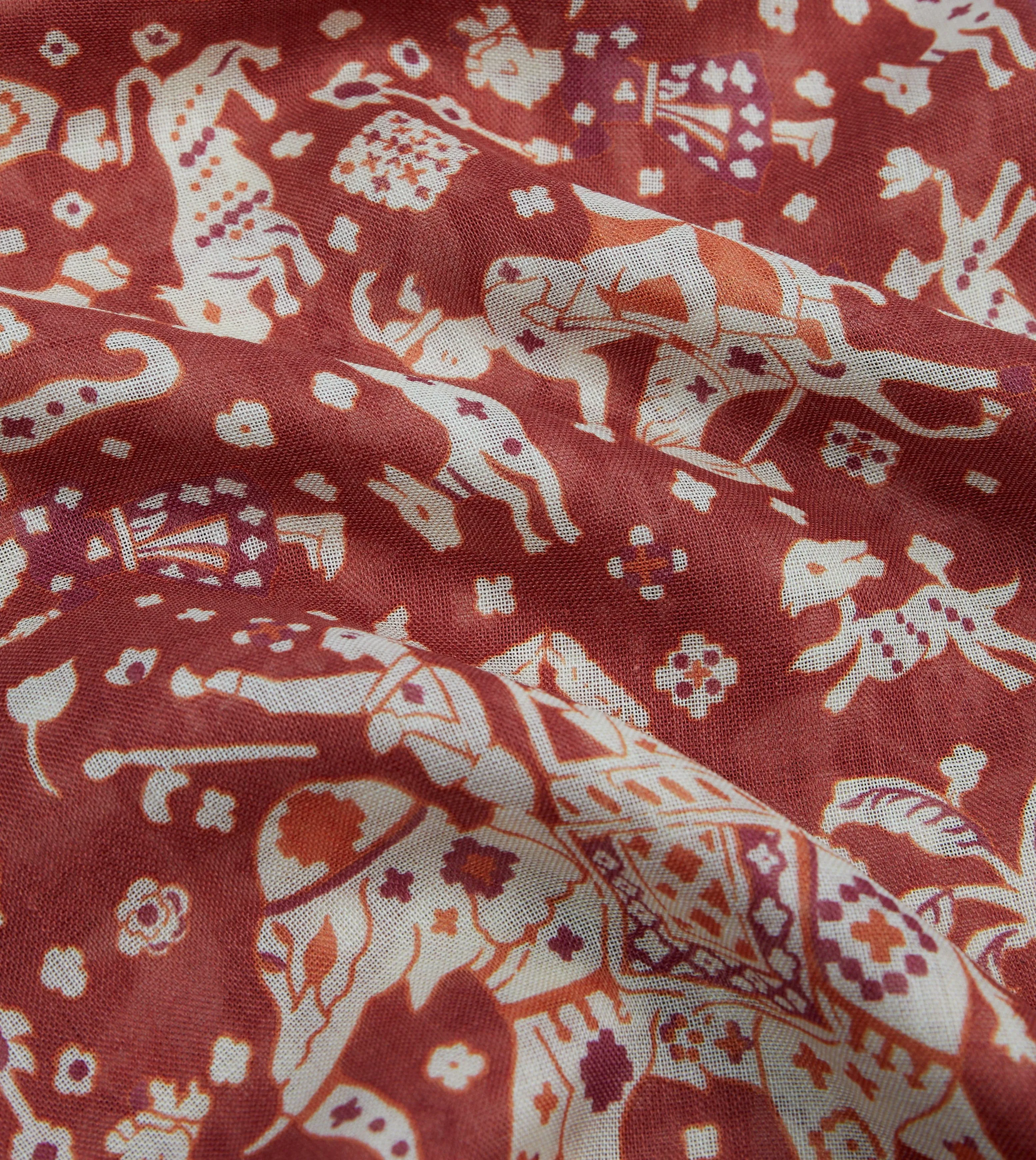 Elephants Print Wool-Silk Scarf in Burgundy Mughal Style