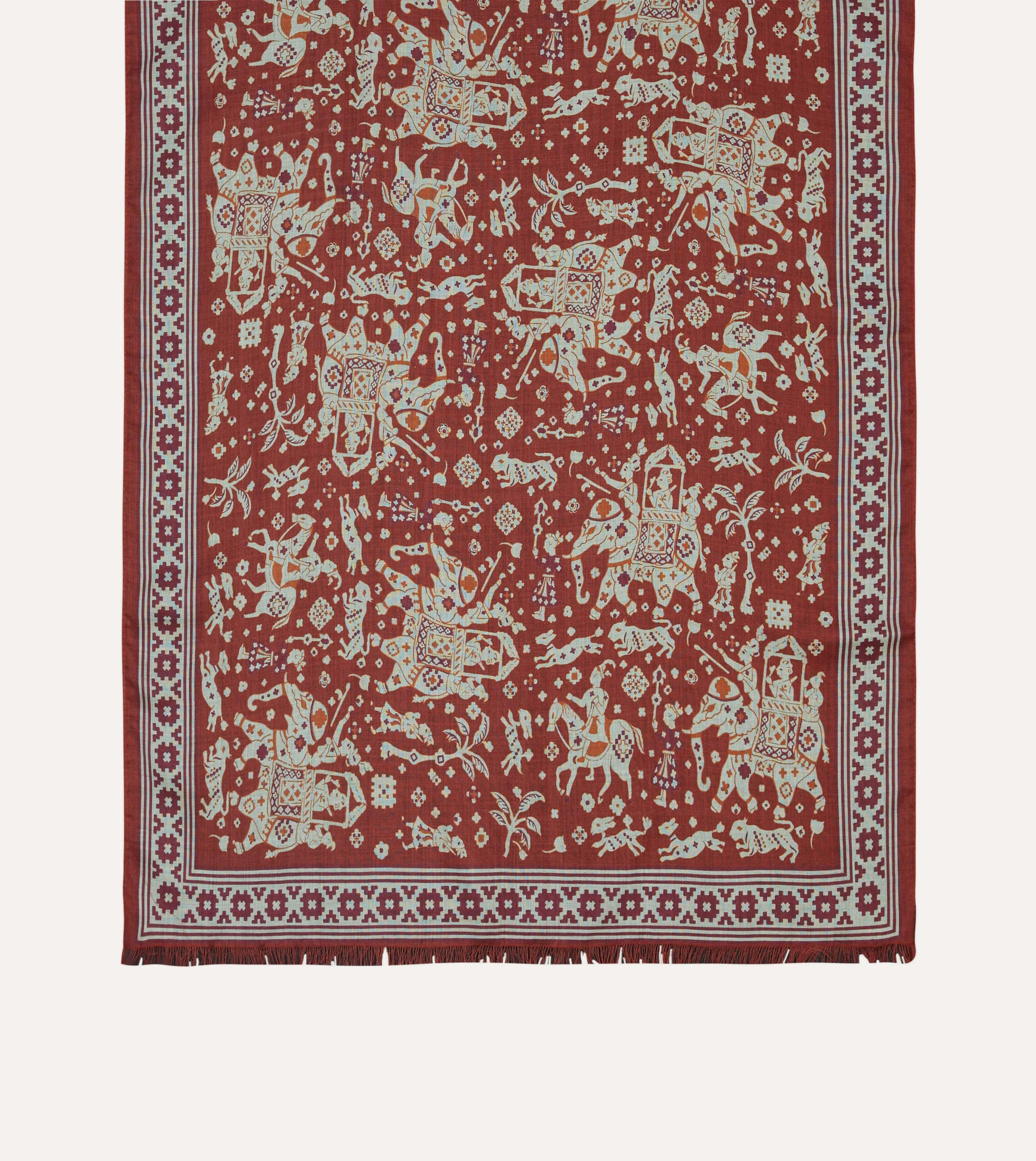 Elephants Print Wool-Silk Scarf in Burgundy Mughal Style