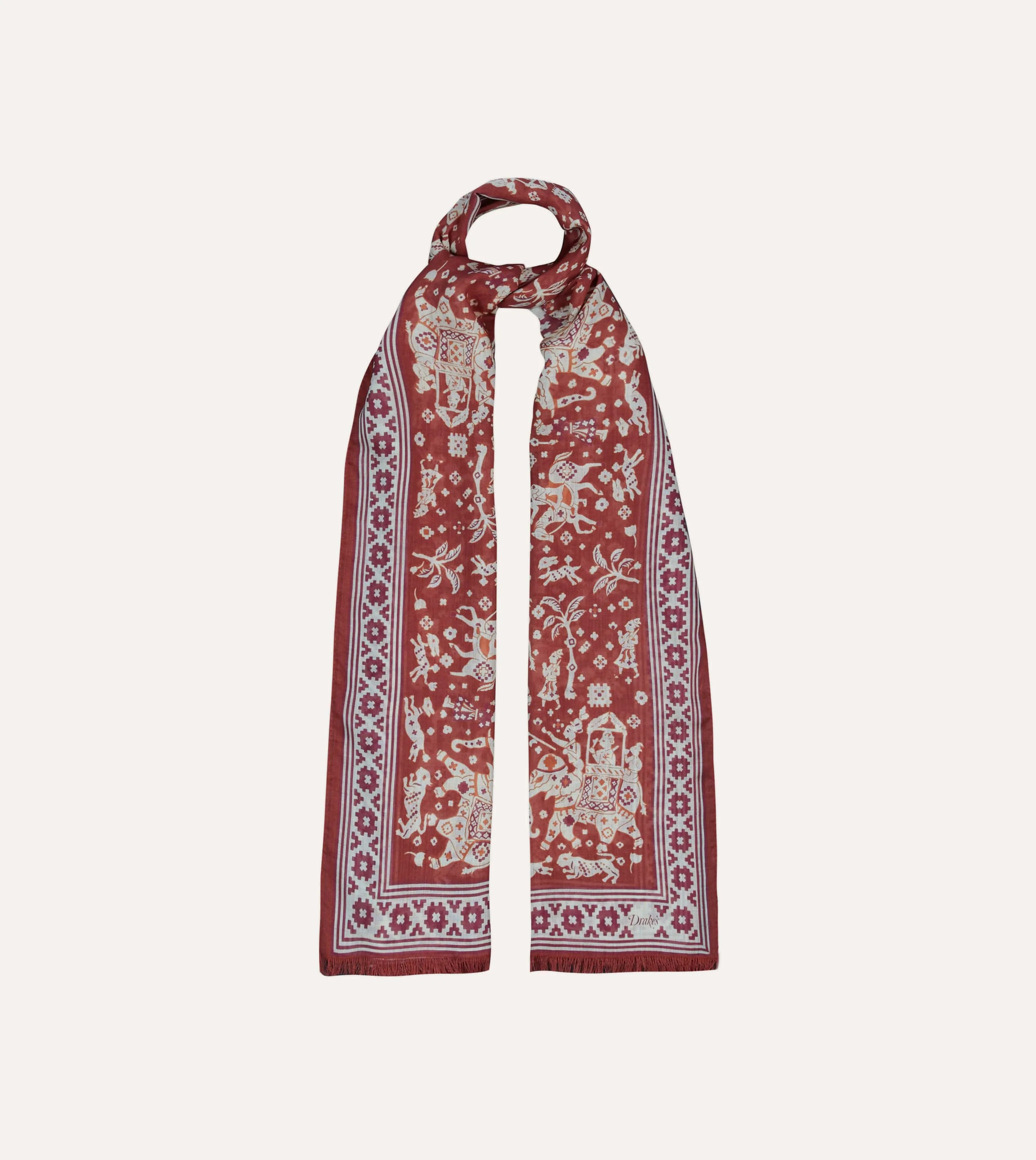 Elephants Print Wool-Silk Scarf in Burgundy Mughal Style