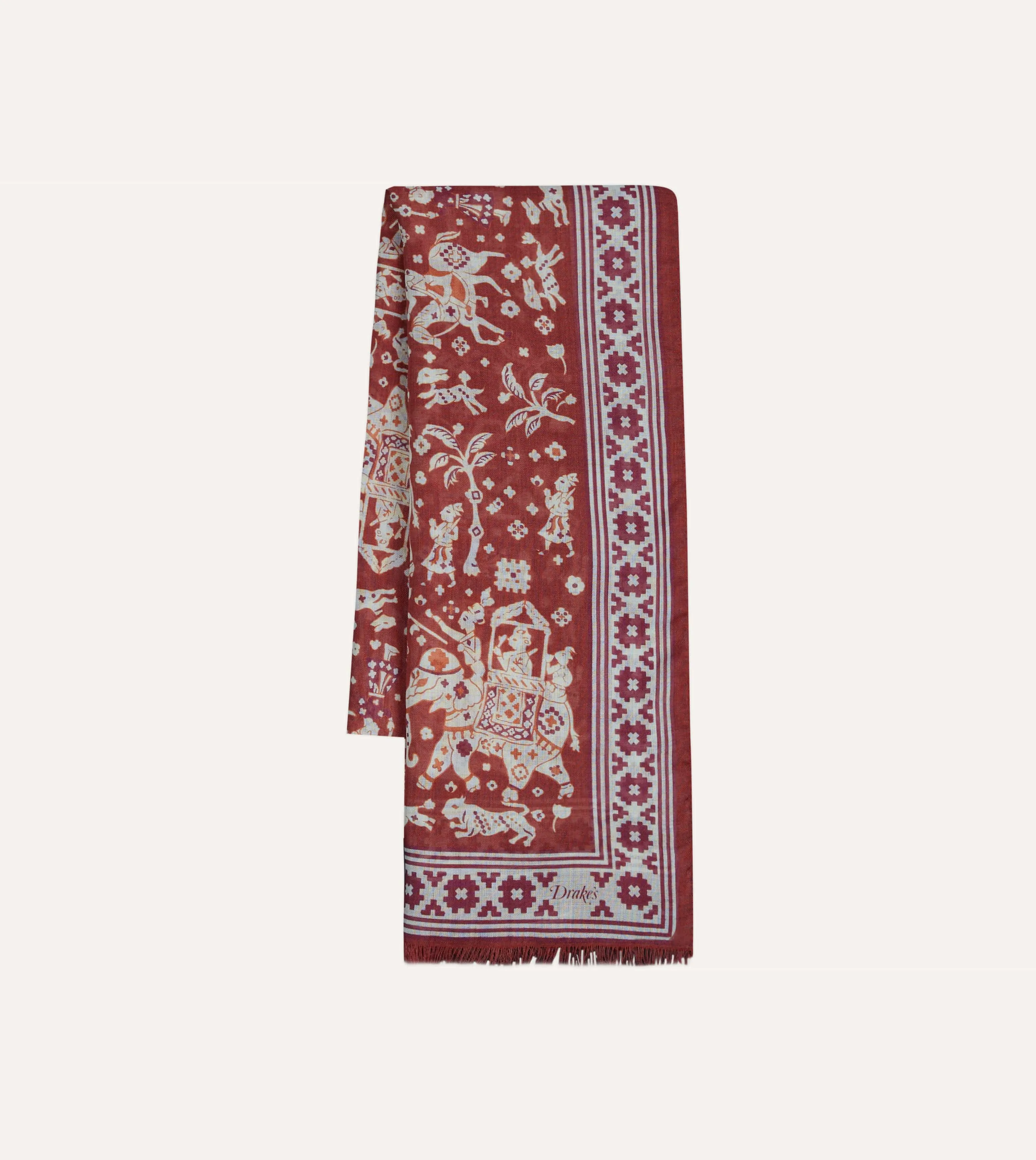 Elephants Print Wool-Silk Scarf in Burgundy Mughal Style