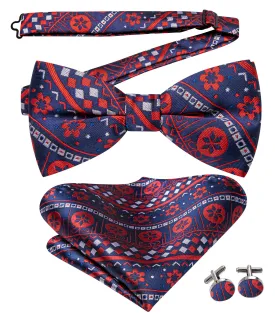 Christmas Blue Red Novelty Pre-tied Bow Tie Hanky Cufflinks Set
