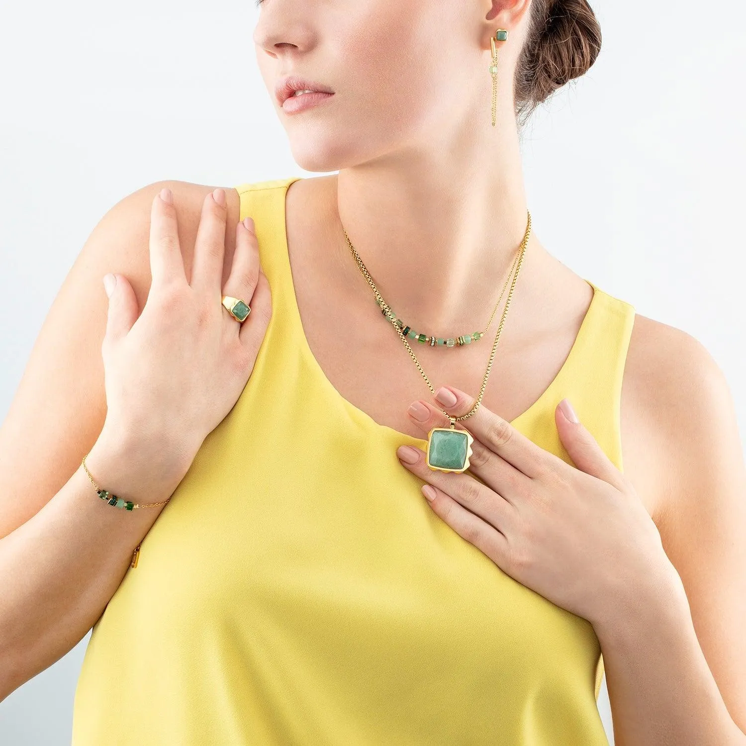 Coeur De Lion Gold Green Aventurine Square Stud Earrings