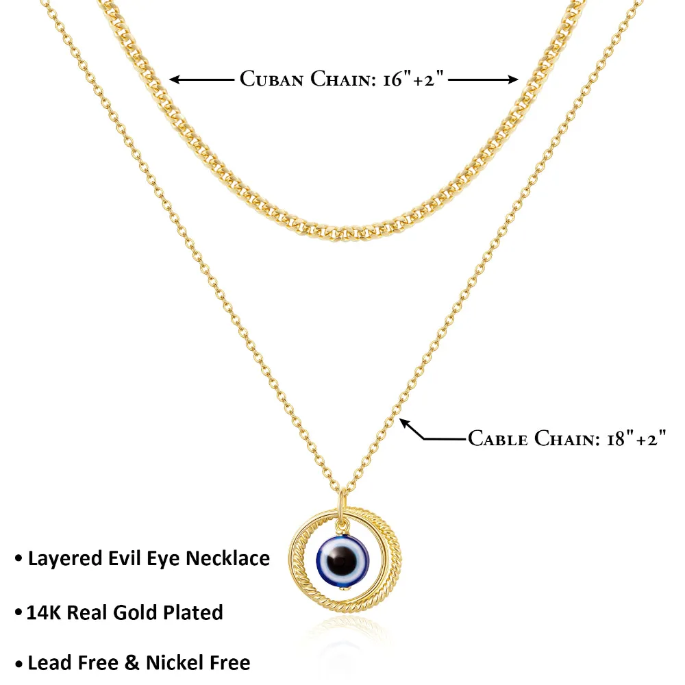 Dainty 14K Gold Layered Evil Eye Religious Necklace- Ring Blue Eye