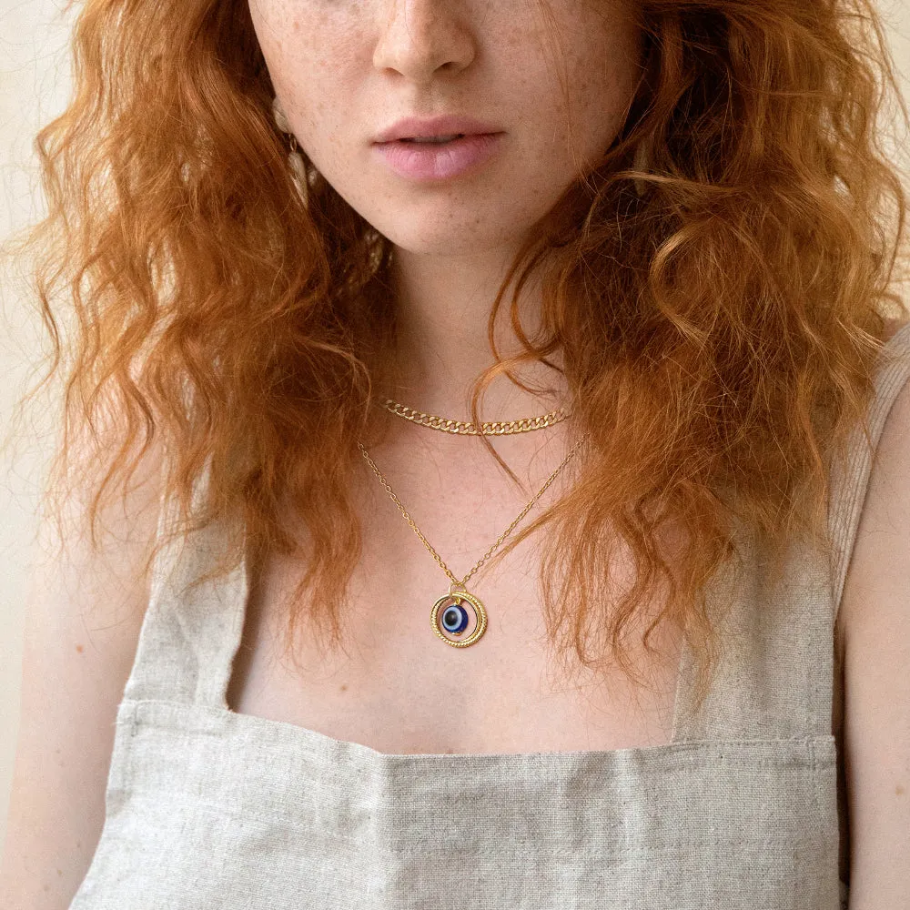 Dainty 14K Gold Layered Evil Eye Religious Necklace- Ring Blue Eye