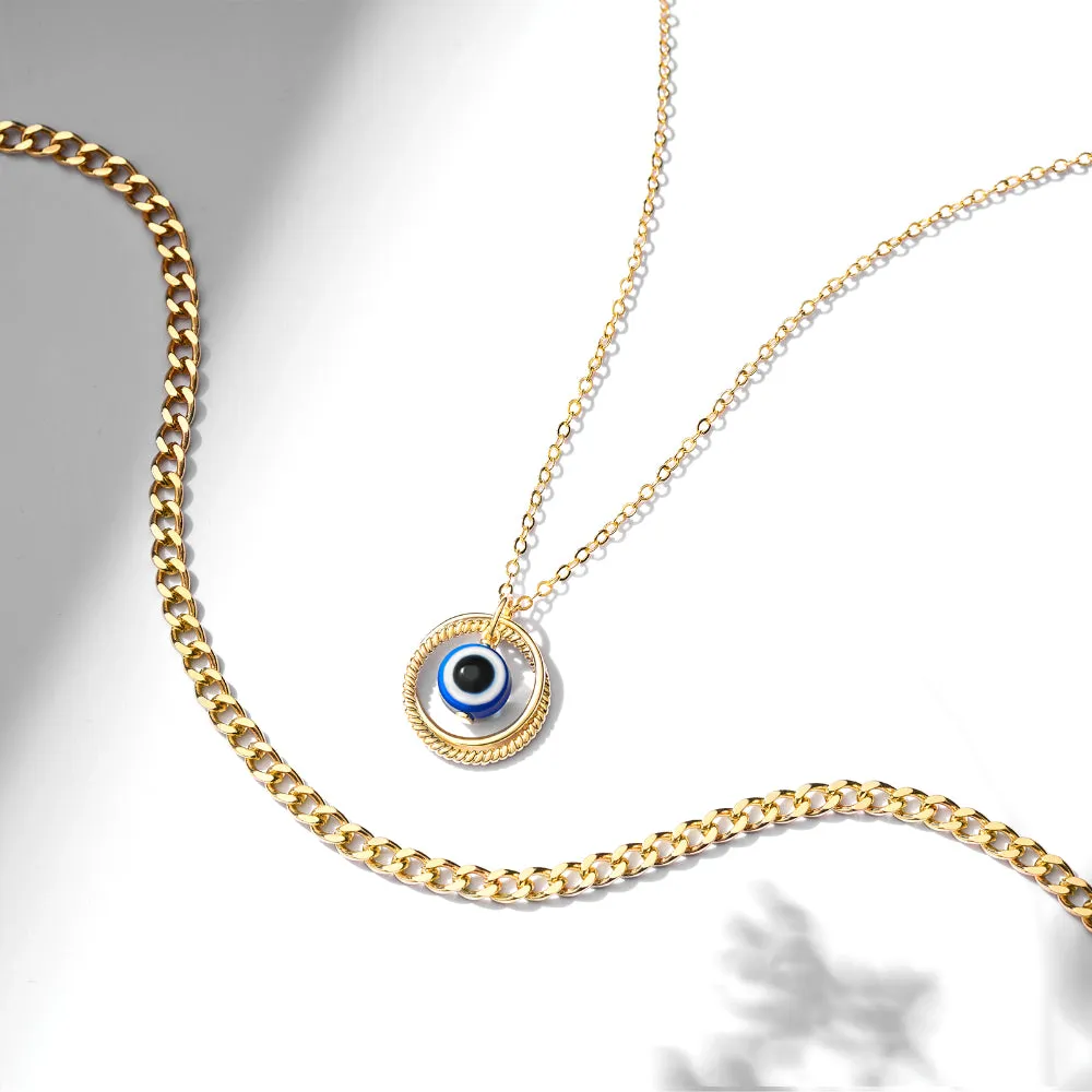 Dainty 14K Gold Layered Evil Eye Religious Necklace- Ring Blue Eye