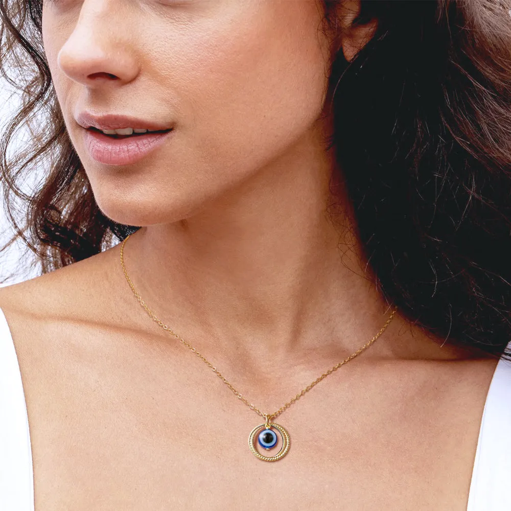 Dainty 14K Gold Layered Evil Eye Religious Necklace- Ring Blue Eye