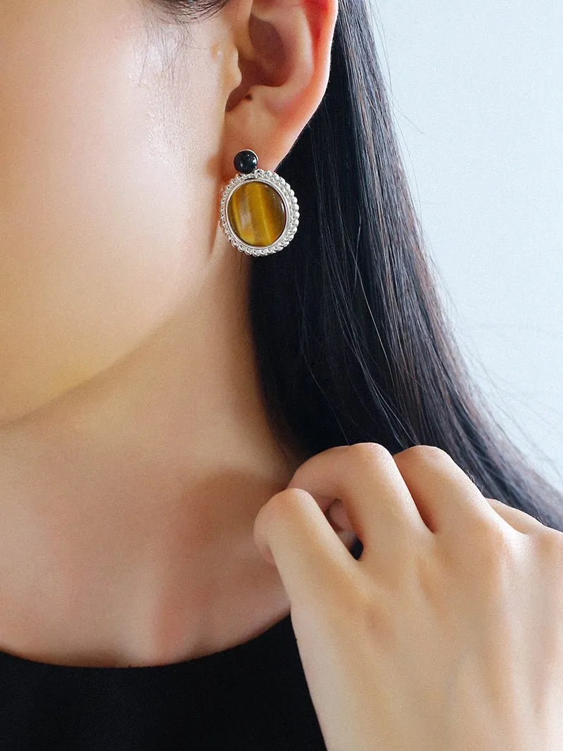 Dark Night Tiger Eye Mirror Gemstone Earrings- Tiger Eye Stone Earrings
