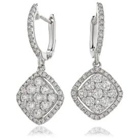 DIAMOND CLUSTER AND HALO DROP EARRINGS IN 18K WHITE GOLD