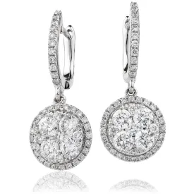 DIAMOND CLUSTER AND HALO DROP EARRINGS IN 18K WHITE GOLD