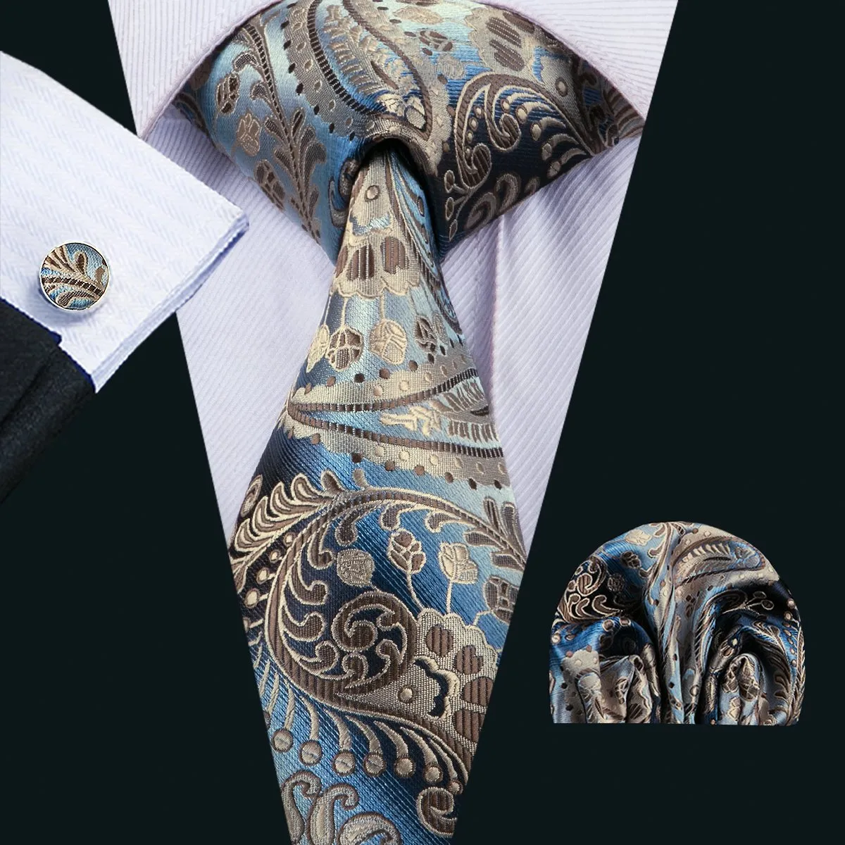 Essential Brown Paisley Tie Pocket Square Cufflinks Set Gift Box Set
