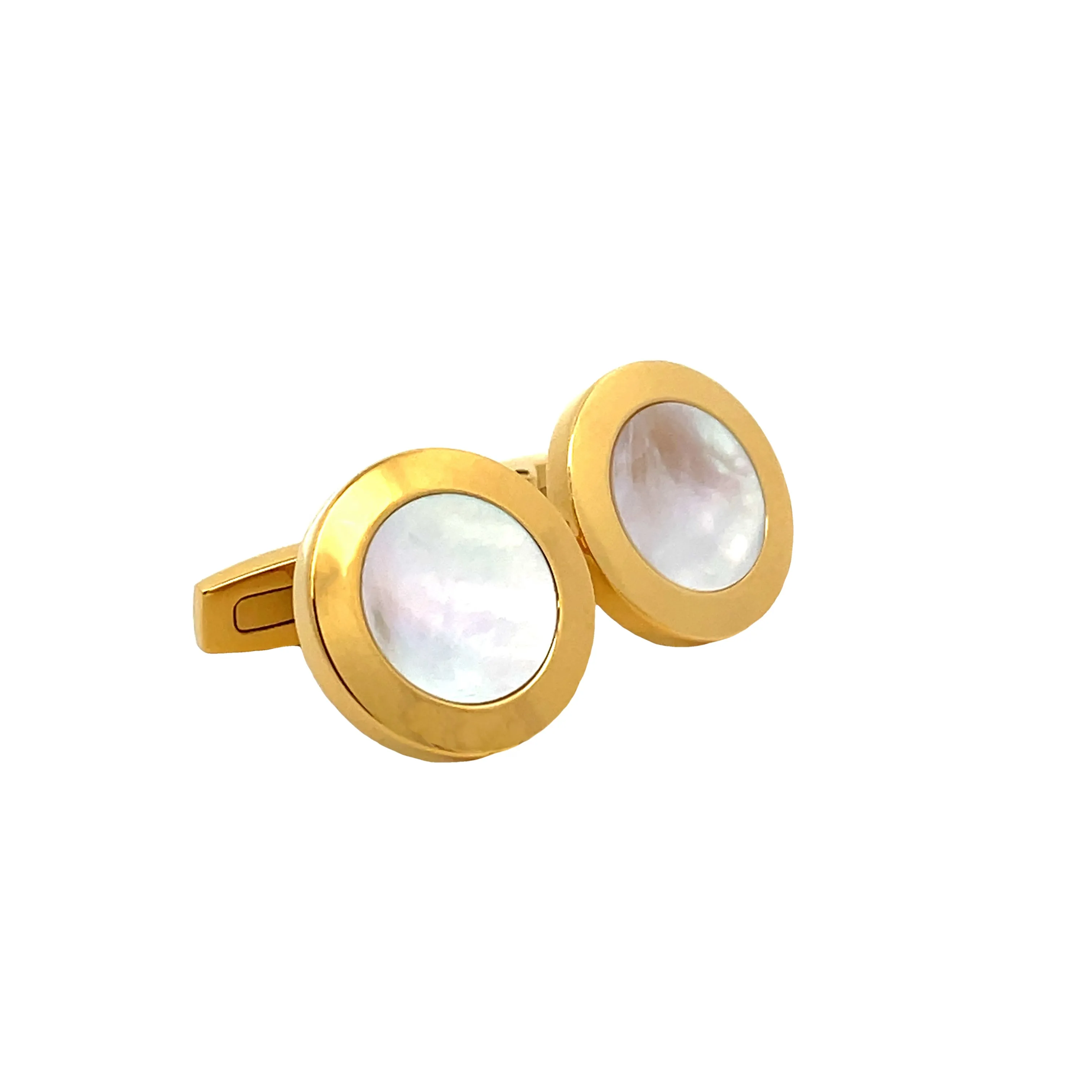 Gold Plated Stainless Steel White Mother Of Pearl Round Cufflinks