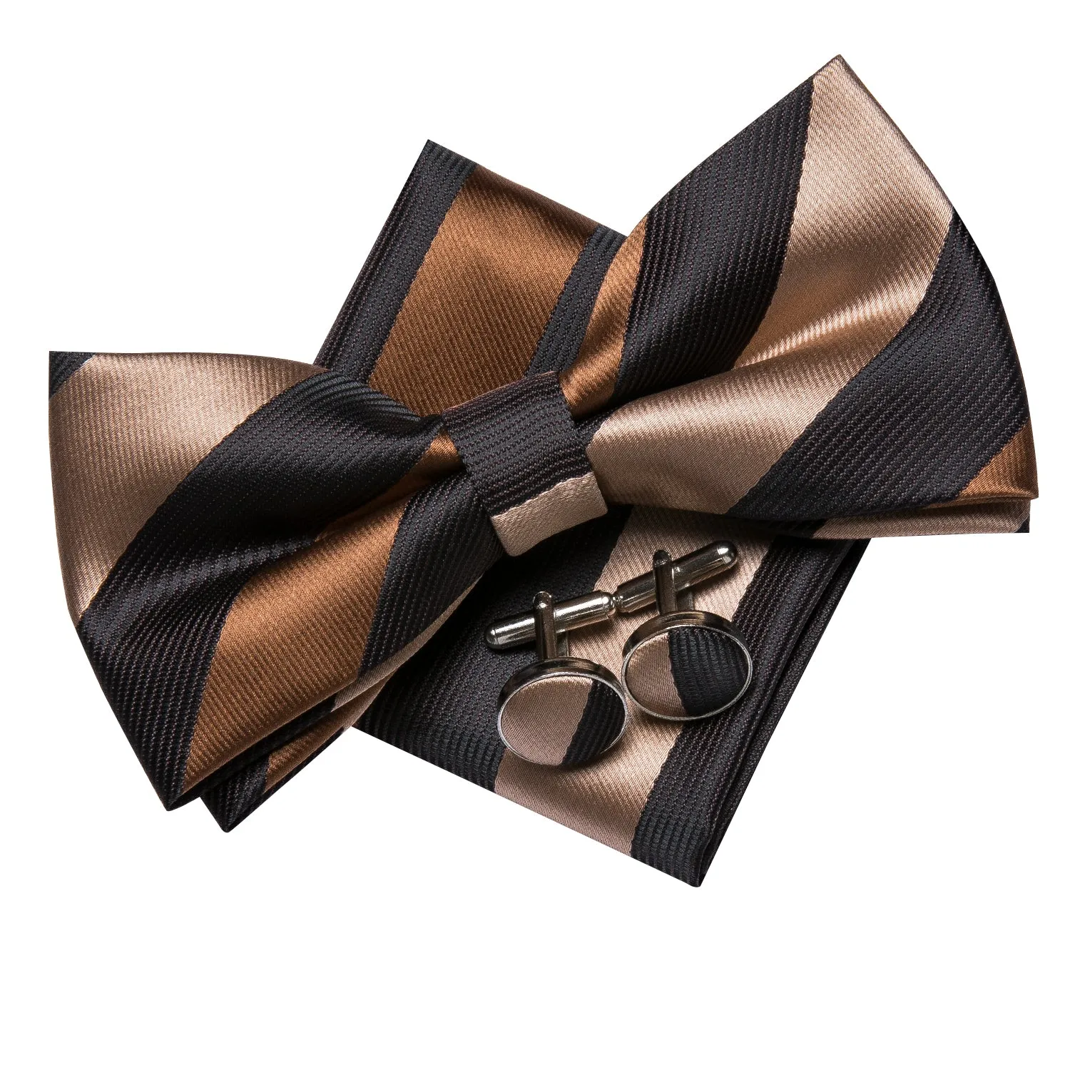 Hi-Tie Black Brown Stripe Men Tie Pre-tied Bow Tie Hanky Cufflinks Set