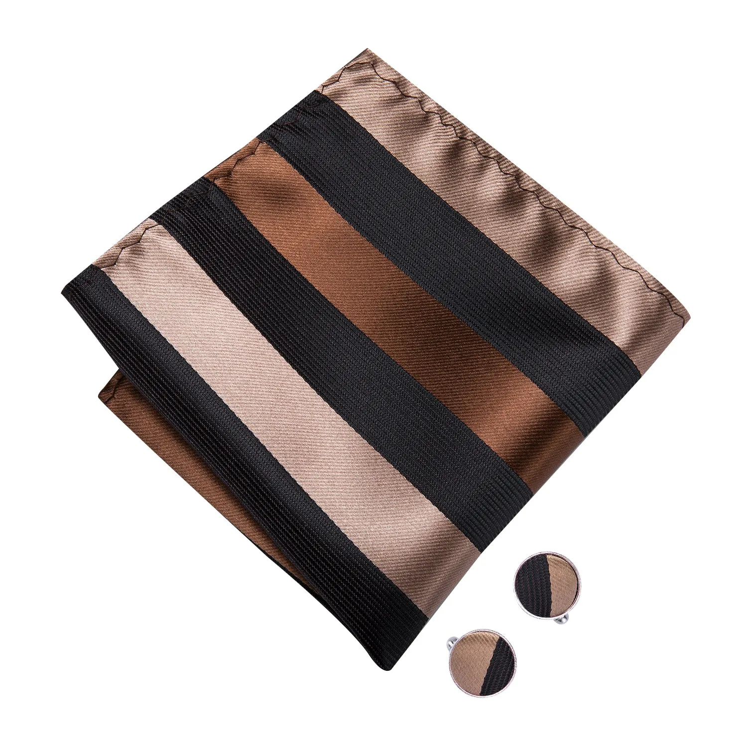 Hi-Tie Black Brown Stripe Men Tie Pre-tied Bow Tie Hanky Cufflinks Set