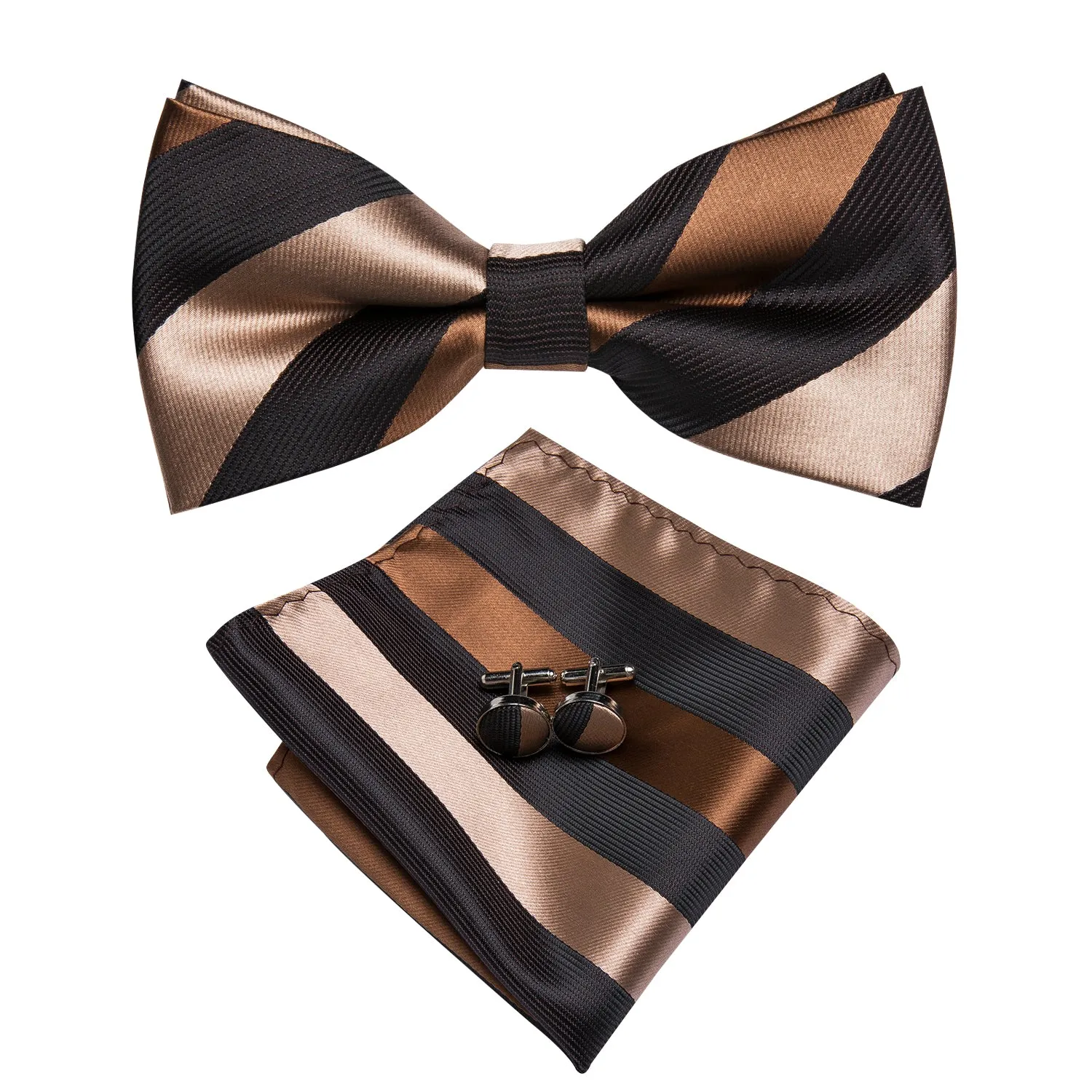 Hi-Tie Black Brown Stripe Men Tie Pre-tied Bow Tie Hanky Cufflinks Set