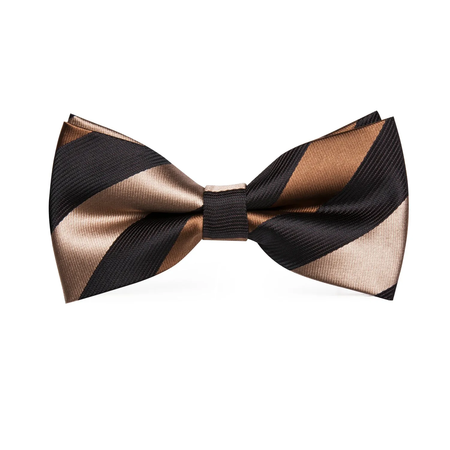 Hi-Tie Black Brown Stripe Men Tie Pre-tied Bow Tie Hanky Cufflinks Set
