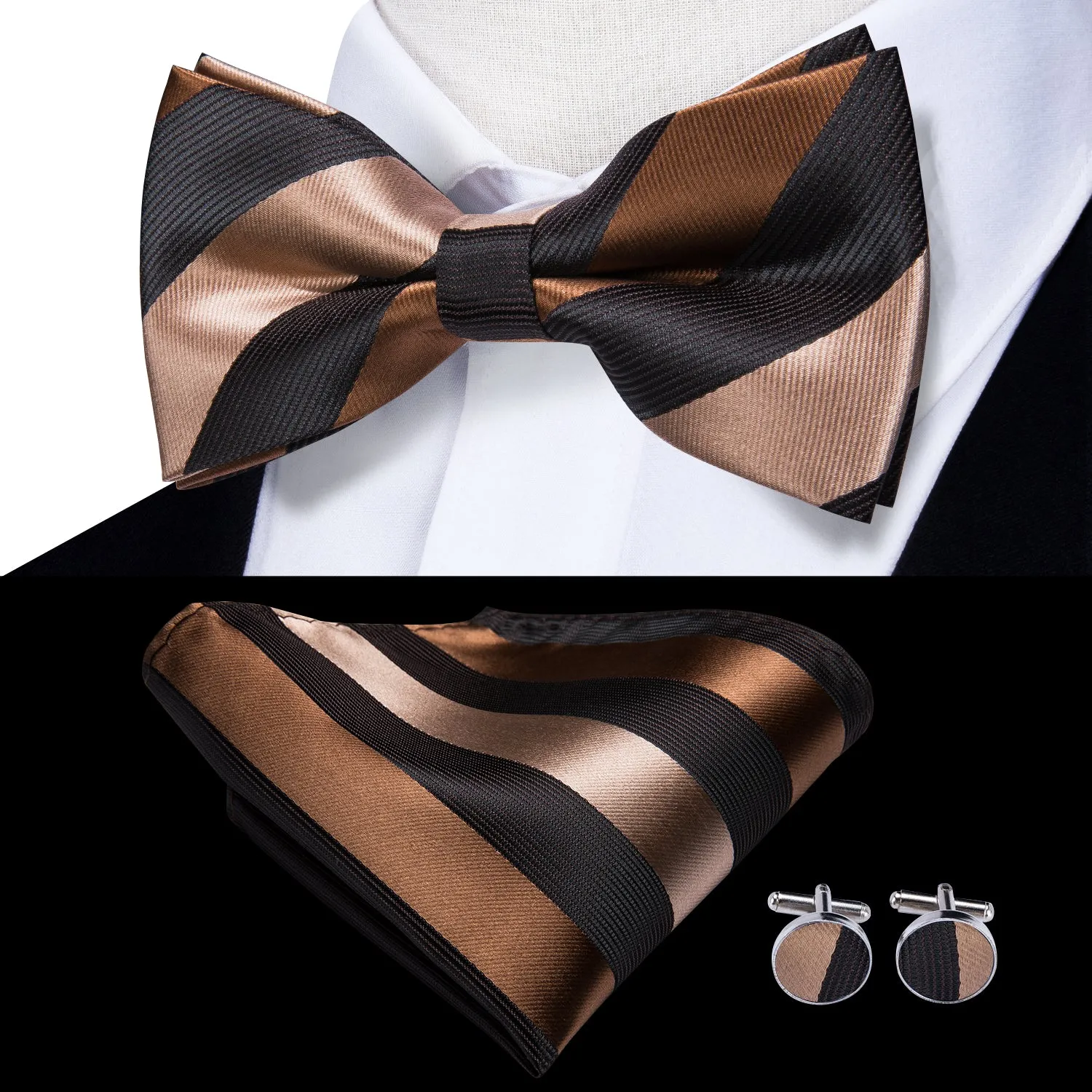 Hi-Tie Black Brown Stripe Men Tie Pre-tied Bow Tie Hanky Cufflinks Set